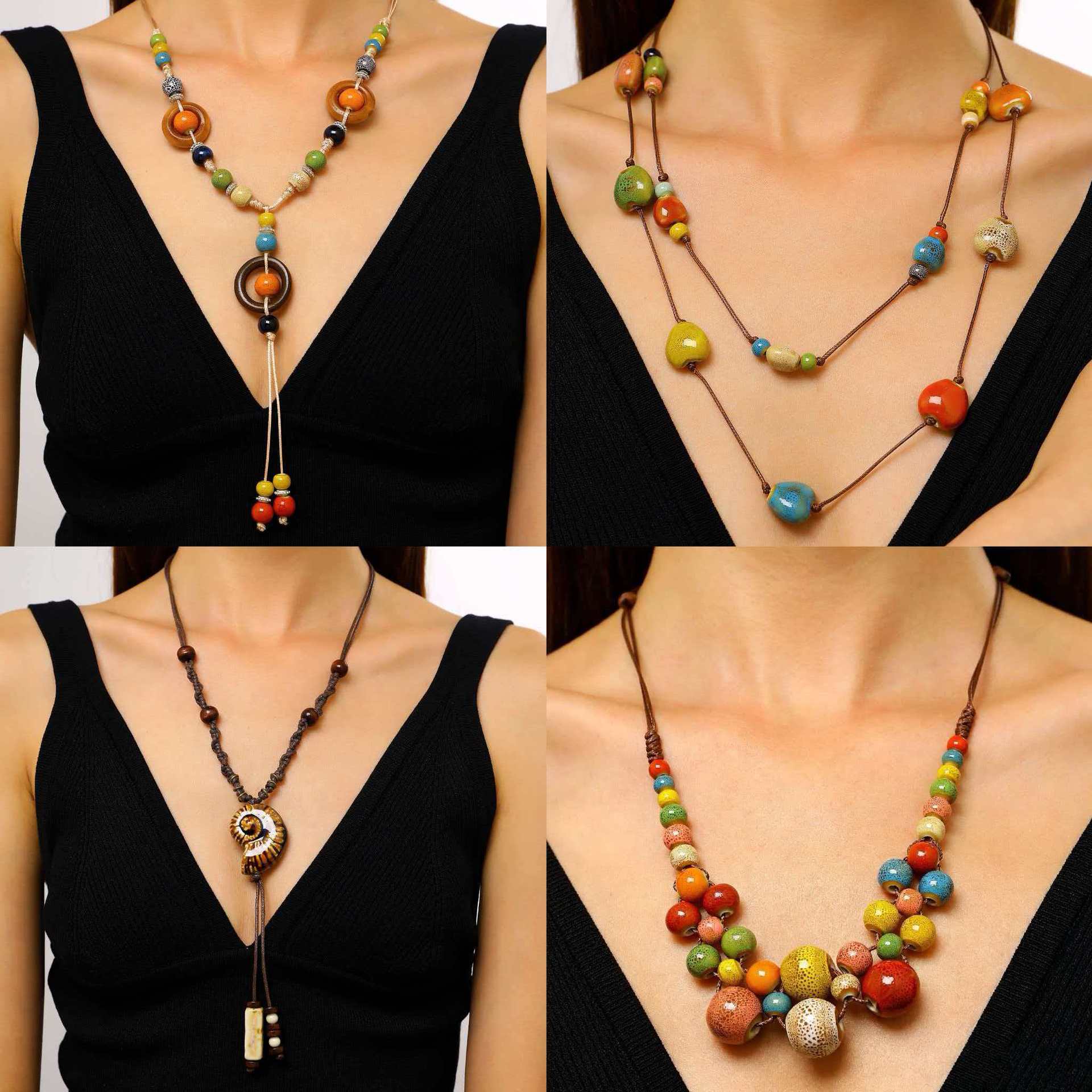 Vintage Fashion Wholesale - Vintage Bohemian Colorful Ceramic Beaded Necklace,