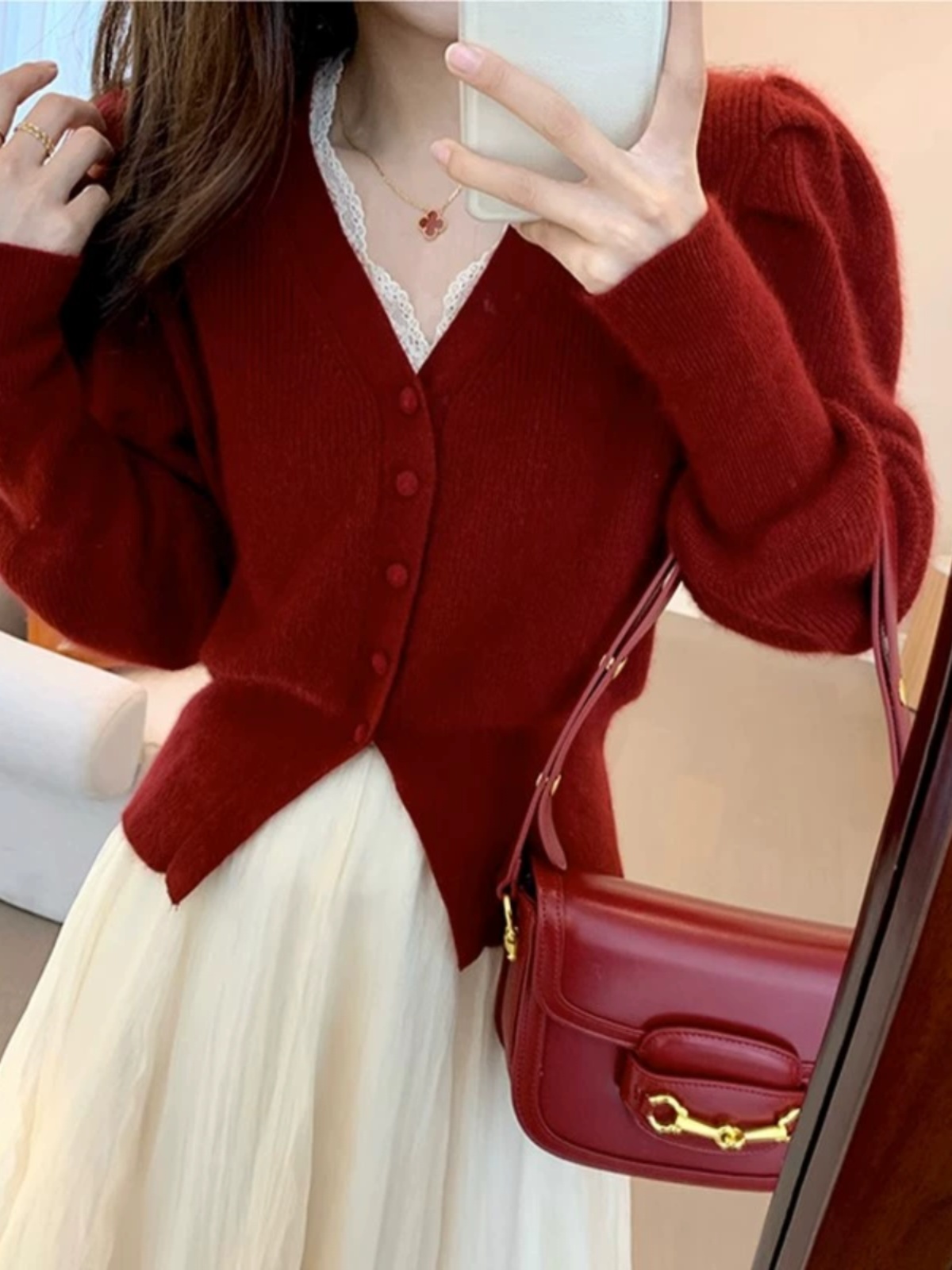 Red V-Neck Knitted Sweater Coa - огляд і ціна Vintage Fashion Years