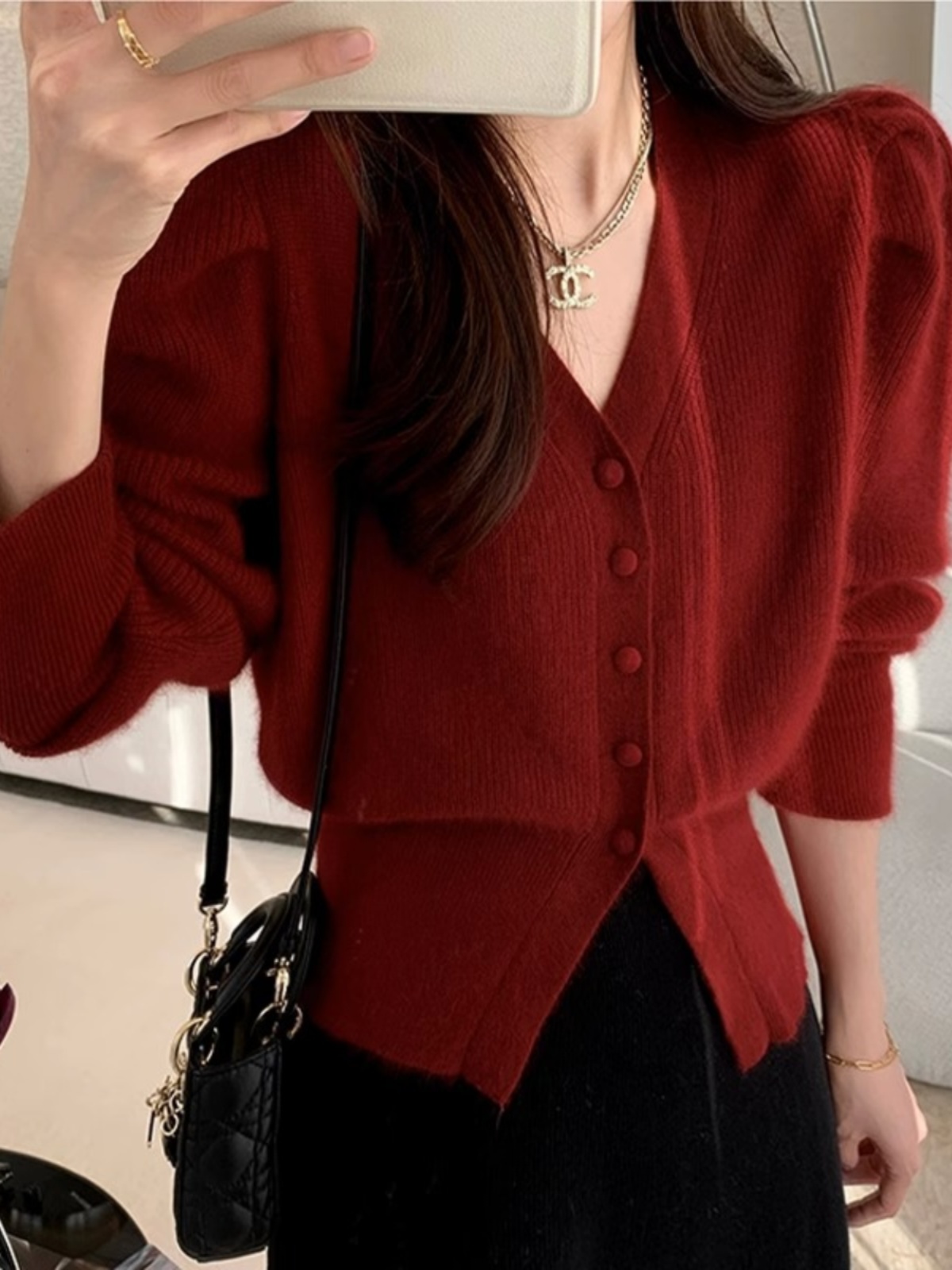 Red V-Neck Knitted Sweater Coa - огляд і ціна Vintage Fashion Years