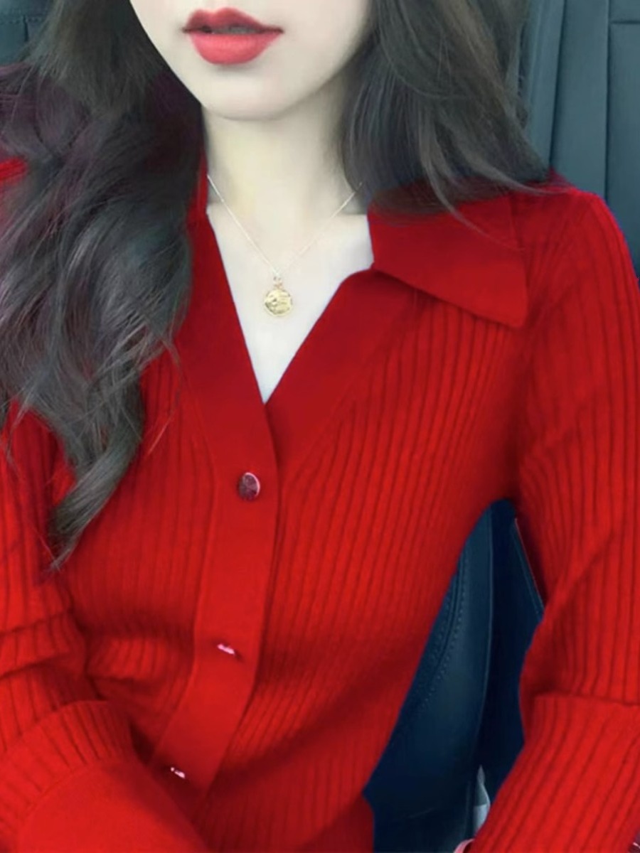 Red  Collar Knitted Cardigan W - огляд і ціна Vintage Fashion Years