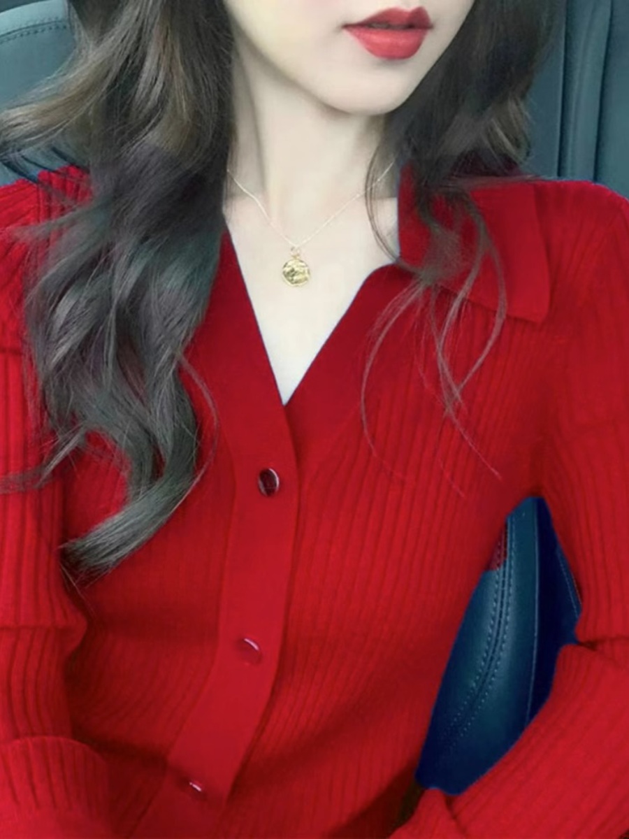 Red  Collar Knitted Cardigan W - огляд і ціна Vintage Fashion Years